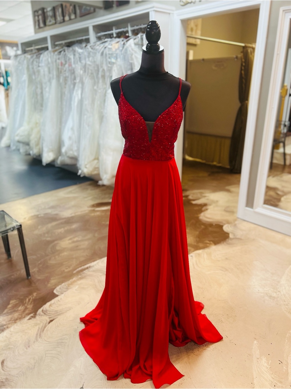 Alyce Paris Red Beaded V-Neck Spaghetti Strap Prom Gown